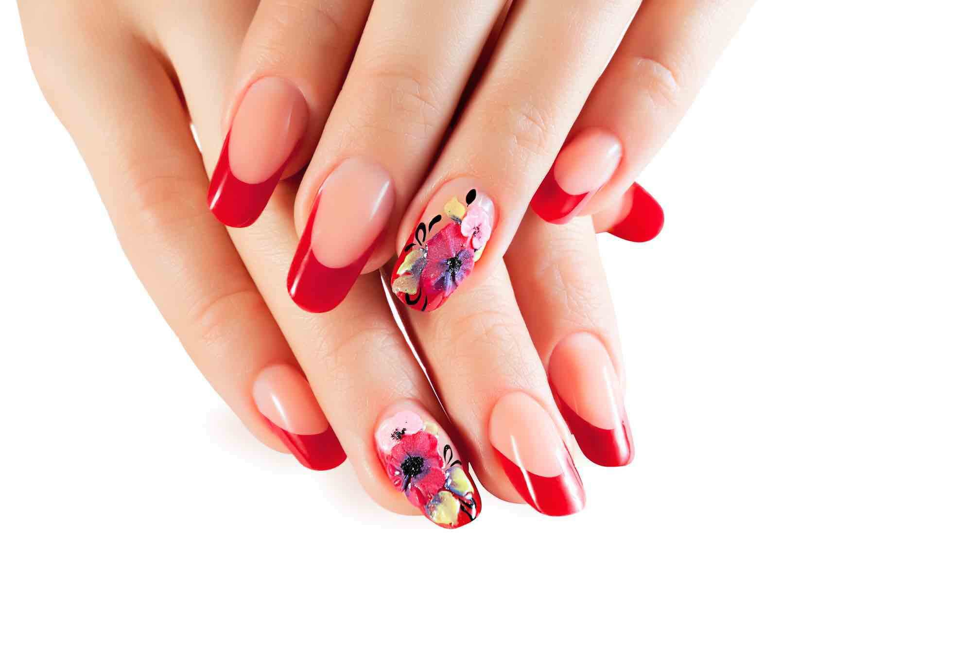 Coloured red tip nagels met bloemen